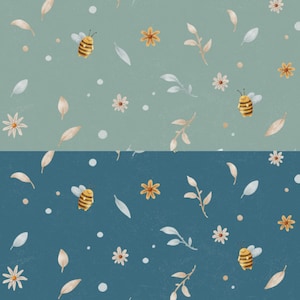 May include: A repeating pattern featuring bees, flowers, leaves, and dots. The design is split horizontally, with a light teal upper half and a dark teal lower half. The bees have yellow and brown stripes. The flowers are white and yellow.