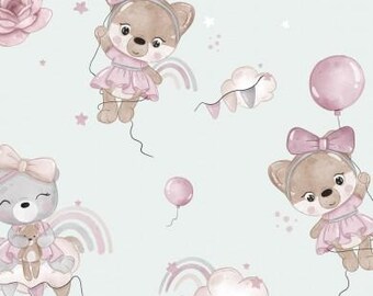 Choice of French terry or cotton jersey fabric, cute animals, teddy bear, balloon, rainbow, flowers on mint green, from 50 cm