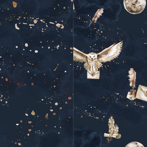 May include: Watercolor illustration of a night sky with an owl carrying a letter. The image features a dark blue background with gold and white splatters, a full moon, feathers, and a candle.