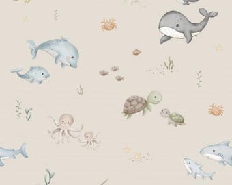 Maritim Meerestiere Fische Delfin Wale Schildkröte Krake Beige + wahlweise Baumwolle, Sweat, Jersey, Musselin