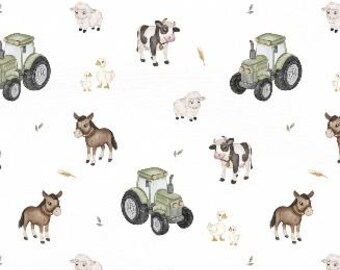 100% Cotton Cotton Fabric Woven Fabric Animals on the Farm Horses Tractor Sheep Cows White from 50 cm