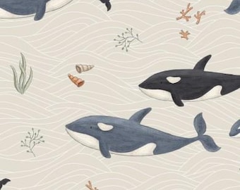 Maritim Meerestiere Fische Wale Manta Muscheln Quallen Wellen Grau + wahlweise Baumwolle, Sweat, Jersey, Musselin