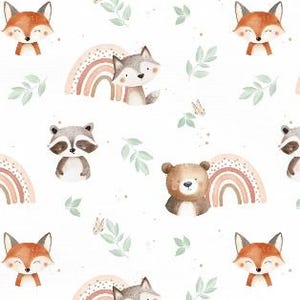 May include: A repeating pattern featuring watercolour illustrations of woodland animals, including foxes, a wolf, a raccoon, and a bear, along with rainbows, butterflies, and leaves, all set against a white background.