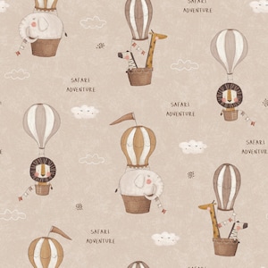 exotic animals elephant lion monkey zebra giraffe balloon ride rainbow clouds beige + optionally cotton, sweat, jersey, muslin