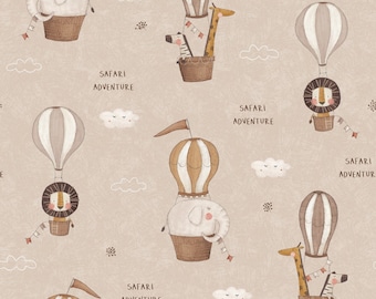 exotic animals elephant lion monkey zebra giraffe balloon ride rainbow clouds beige + optionally cotton, sweat, jersey, muslin