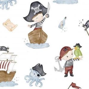 100% cotton cotton fabric woven fabric pirates pirate ship octopus parrot sailor pirate white from 50 cm