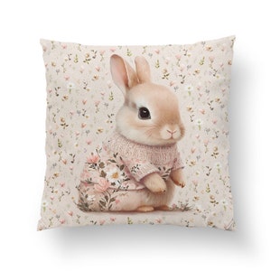 Tissu 100% coton tissé lapins doux fleurs de printemps tissu combiné en option coussin de panneau 38x38 Hase rosa
