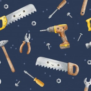Könnte beinhalten: Ein sich wiederholendes Muster von Cartoon-Werkzeugen, darunter Sägen, Schraubendreher, ein Bohrer, Zangen, ein Hammer und Schrauben, auf einem dunkelblauen Hintergrund. Die Werkzeuge haben lächelnde Gesichter und schaffen ein verspieltes Design.
