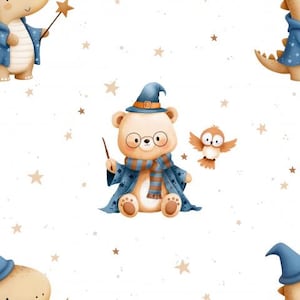 May include: A whimsical pattern featuring a beige teddy bear wearing a wizard hat, glasses, and a blue and brown scarf. The bear holds a wand and is accompanied by a small owl. The design includes scattered stars on a white background.