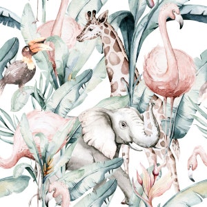 exotic animals elephant giraffe flamingo toucan + optionally cotton, sweat, jersey, muslin