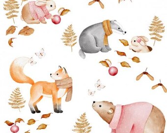 Peut inclure: Illustration à l'aquarelle d'animaux de la forêt : un lapin, un renard, un blaireau et un ours, vêtus d'écharpes ou de pulls. L'image comprend des papillons, des feuilles et des baies, créant une scène automnale fantaisiste. Les animaux sont sur fond blanc.