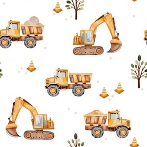 Construction site construction vehicles truck excavator car vehicle trees + optionally cotton, sweat, jersey, muslin from 50 cm