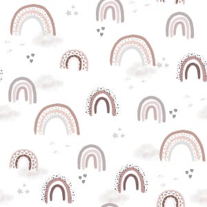 May include: A seamless pattern featuring pastel pink, brown, and gray rainbows with white clouds and stars on a white background.