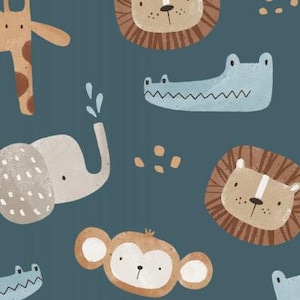 May include: A blue background with a repeating pattern of various animal faces. The animals include a giraffe, lion, elephant, monkey, and crocodile. The animals are all cartoon-like and have a whimsical style.