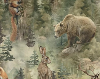 Peut inclure: Un tissu sur le thème de la forêt avec une variété d'animaux sauvages. Un ours brun se tient sur un rocher, un écureuil grimpe à un arbre et un lapin est assis au premier plan. L'arrière-plan est rempli d'arbres et d'une atmosphère brumeuse.