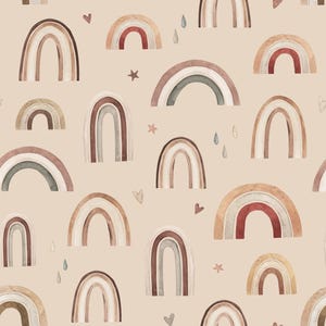 May include: A seamless pattern featuring watercolor rainbows in various shades of brown, red, and blue. The background is a light beige color and includes small accents like hearts, stars, and raindrops.