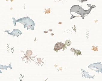 Maritim Meerestiere Fische Delfin Wale Schildkröte Krake Creme + wahlweise Baumwolle, Sweat, Jersey, Musselin ab 50 cm