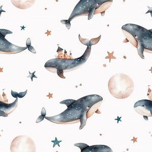 Könnte beinhalten: Ein nahtloses Muster mit Aquarell-Illustrationen von Walen mit Sternen und Monden. Die Wale sind blau und grau mit weißen Sternen auf ihren Körpern. Einige Wale haben ein Schloss auf ihrem Rücken. Der Hintergrund ist weiß.