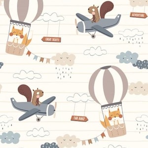 Tissu 100% coton tissé, écureuil, renard, école de vol, avion, hélicoptère, ballon, rayures