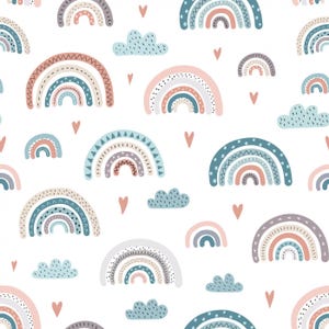 Könnte beinhalten: Ein nahtloses Muster mit bunten Regenbögen mit verschiedenen Texturen und Designs, darunter Punkte, Zickzacklinien und Streifen. Das Muster enthält auch kleine Herzen und Wolken in hellblau.