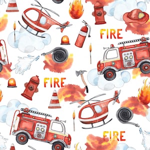 Op de afbeelding: Een naadloos patroon met aquarel illustraties van brandweerauto's, helikopters, brandkranen, kegels en vlammen. De woorden "FIRE" worden herhaald in het hele patroon.