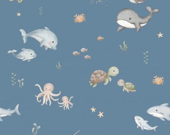 Maritim Meerestiere Fische Delfin Wale Schildkröte Krake Blau + wahlweise Baumwolle, Sweat, Jersey, Musselin