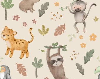 100% cotton cotton fabric woven exotic animals jungle safari monkey leopard sloth from 50 cm