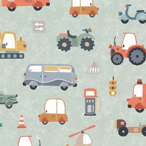100% cotton fabric woven fabric car vehicles truck crane bus racing car fire brigade tractor green from 50 cm