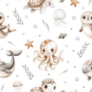 Op de afbeelding: Een naadloos patroon met verschillende zeedieren, waaronder een schildpad, een octopus, een walvis, een zeehond en een zeester. De achtergrond is wit met bruine en grijze accenten.
