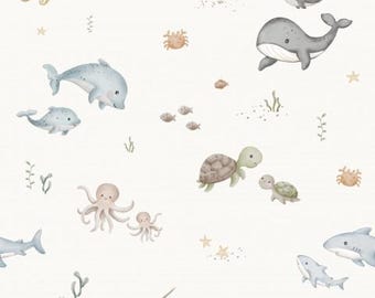 Maritime sea creatures, fish, dolphin, whale, turtle, octopus, cream + choice of cotton, sweatshirt fabric, jersey, muslin, from 50 cm