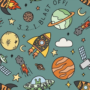 Tissu 100 % coton tissé fusée spatiale planètes galaxie étoiles lune terre + essence