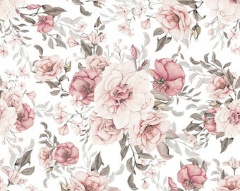 Spring Floral Flower Fabric Roses Blossoms Country House White + optionally Cotton, Sweat, Jersey, Muslin