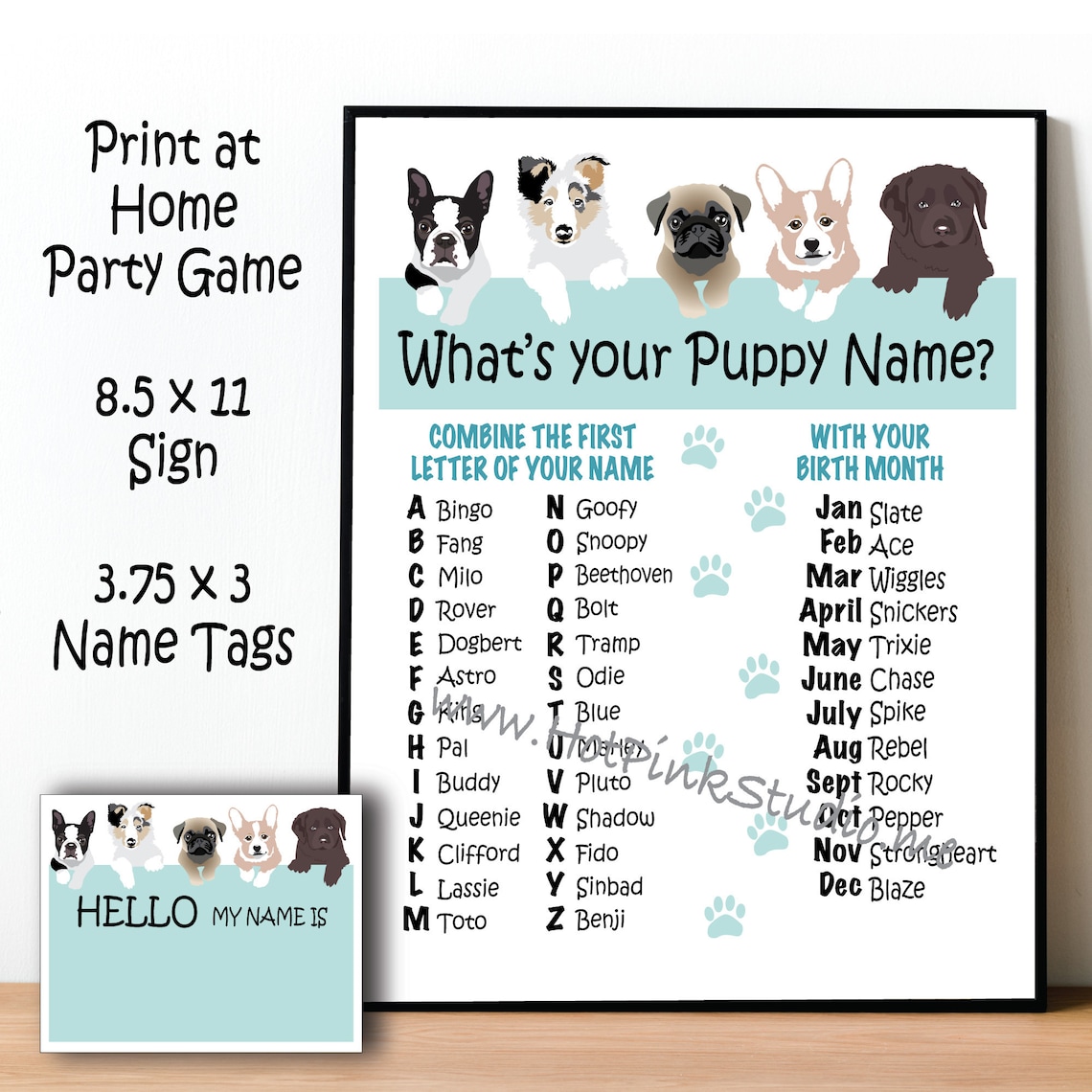 Whats Your Puppy Name Game Display Sign 8.5x11 and Name Tags Included