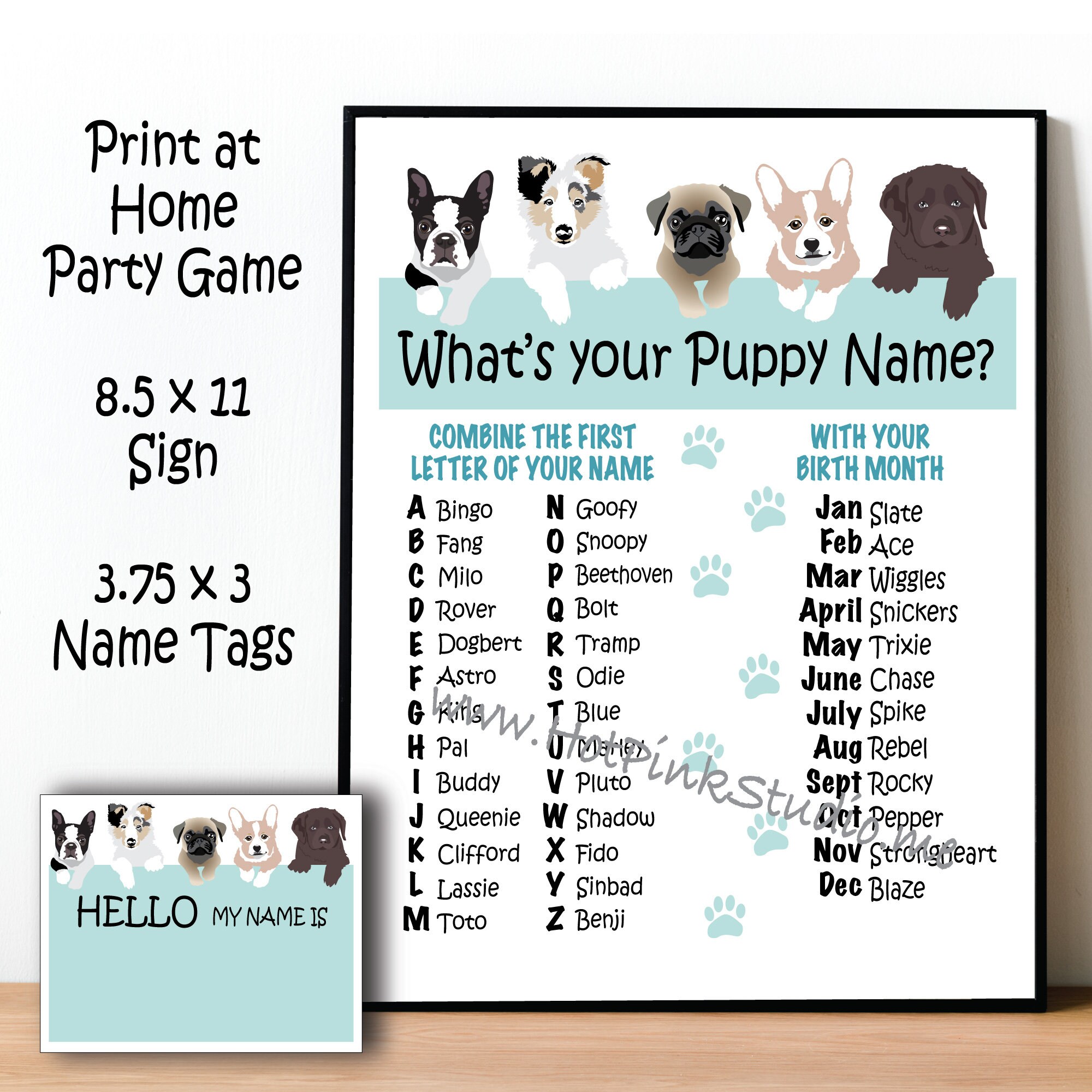 Whats Your Puppy Name Game Display Sign 8.5x11 and Name Tags Included