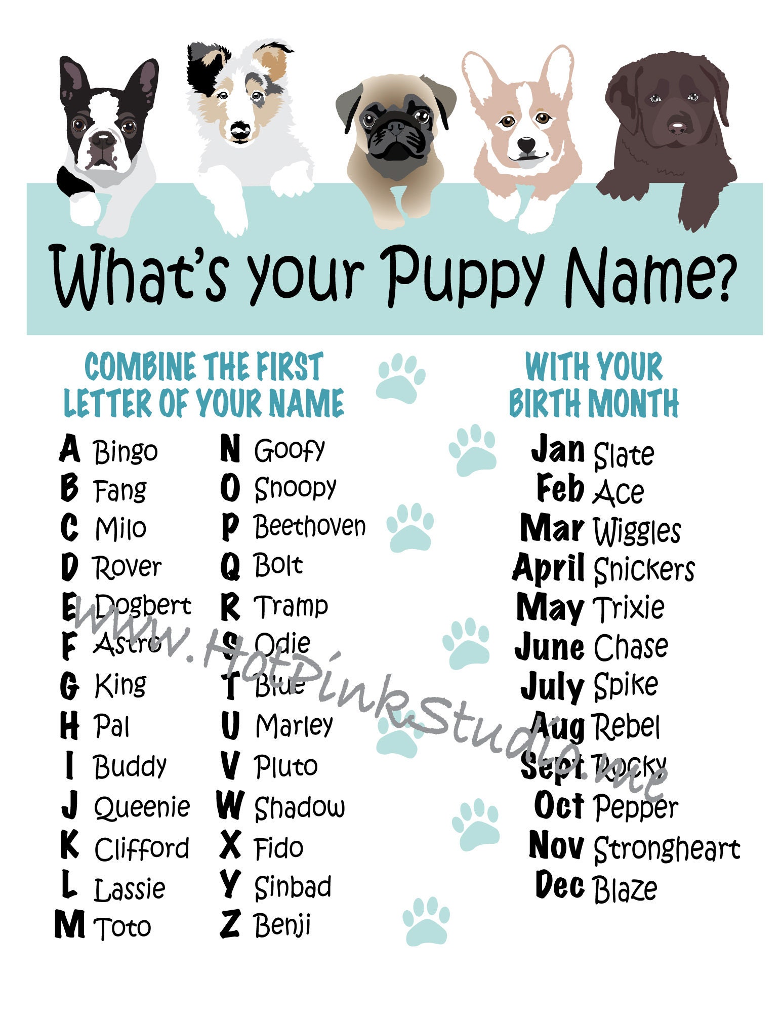 Whats Your Puppy Name Game Display Sign 8.5x11 and Name Tags Included