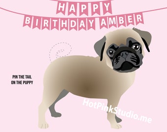 PUG GAME Pin the Tail on the Puppy, Girls Party Game, Dog Birthday Theme DIY Pink Puppy Game