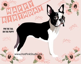 GAME CUTE Puppy Pin the Tail on the Boston Terrier Dog Game, FREE dog coloring page, Pin The Tail Game, Dog Party Decorations