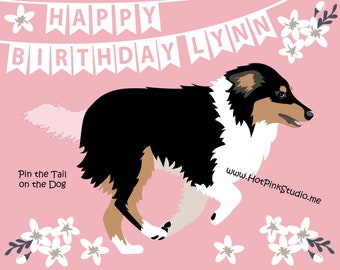 GAME Collie Pin the tail on the Dog Game for Birthday Party- INSTANT DOWNLOAD Files Pink with flowers