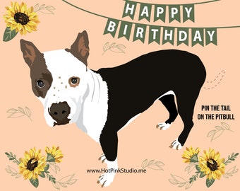 Jeu d'épingler la queue sur le chien Pitbull Birthday Party Game - jeu de société à faire soi-même - bannière de fête de chien - décoration de fête de chien