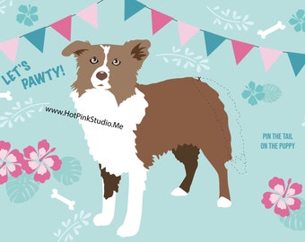Pin the Tail on the Brown Border Collie/ Dog- party game - DIY party game - party game for girls - dog game - digital files