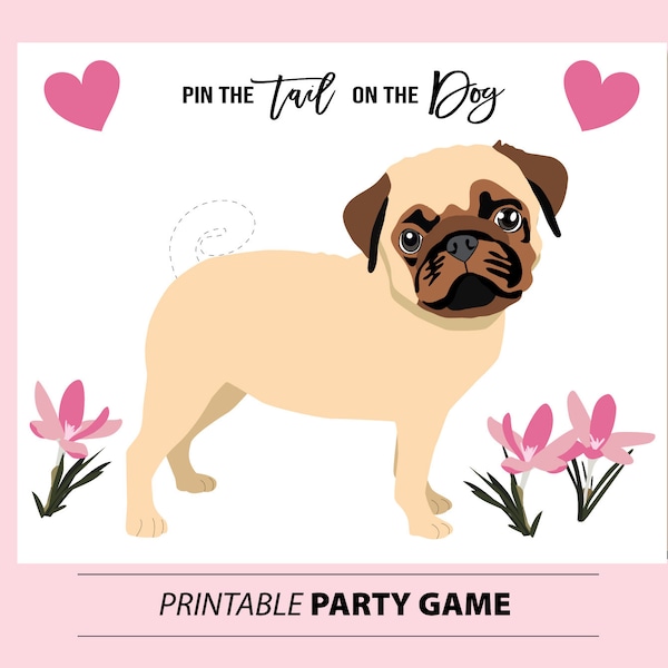 Valentine GAME Pin the Tail on the Dog, Girls Party Game, Dog Birthday Theme DIY Pink Puppy Game
