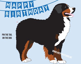 Bernese Mt. Dog GAME PIN the TAIL on the Puppy  Birthday Party Game - do it yourself party game - Dog Party Banner- Dog party decor