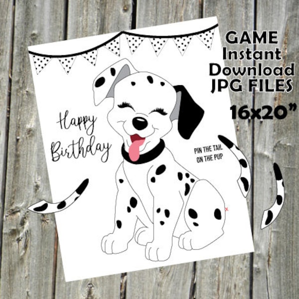 GAME Puppy Dalmatian Pin the Tail on the Puppy, Girls Party Game, Dog Birthday Theme DIY