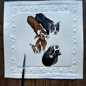 Acquerello DIPINTO A MANO con impronta di zampa in rilievo sul bordo. Cane Boston Terrier dal tuo ritratto fotografico su carta. Opera d'arte originale e unica nel suo genere.