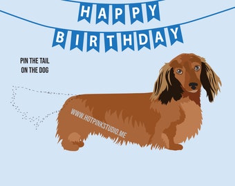 Long Hair Dachshund GAME Pin the Tail on the Puppy Game, Pin the Tail on the Dog, Pin The Tail Game, Dog Party Decorations