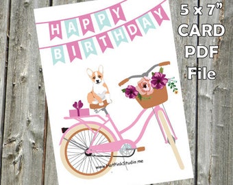 PRINTABLE CARD Bicycle Corgi DOG Birthday Card. For Your Love or Best Friend. Happy Birthday Kids Birthday Card. Greeting Card.