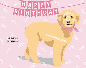 GAME Goldendoodle Pin the Tail on the Puppy, Girls Party Game, Dog Birthday Theme DIY Pink Puppy Game