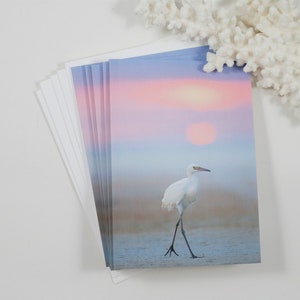 Egret Note Cards, Set of 5 Bird Notecards, Blank Cards, Beach Sunset Stationery, Nature Greeting Card, Bird Photography, Florida Wildlife