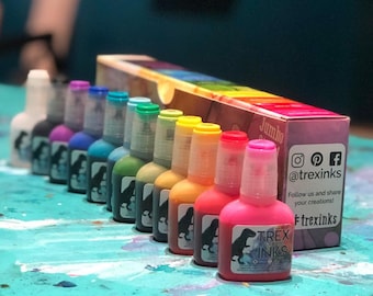 12-Pack Alcohol Ink Starter Set | 12 Jumbo (20ml) Bottles w/ 11 Fiercely Vibrant Colors & 1 Clear Blender for Alcohol Ink Art T-REX INKS
