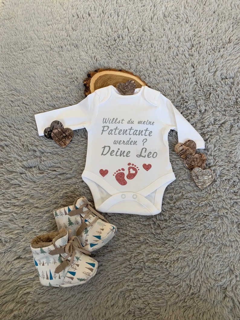 personalized with the name of the baby Babybody with saying Would you like to be my patentante godson